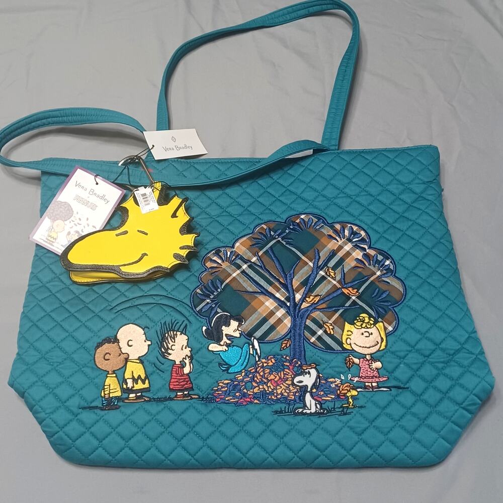 Vera Bradley x Peanuts Fall Meadow Teal Vera Tote Bag with Woodstock Charm
